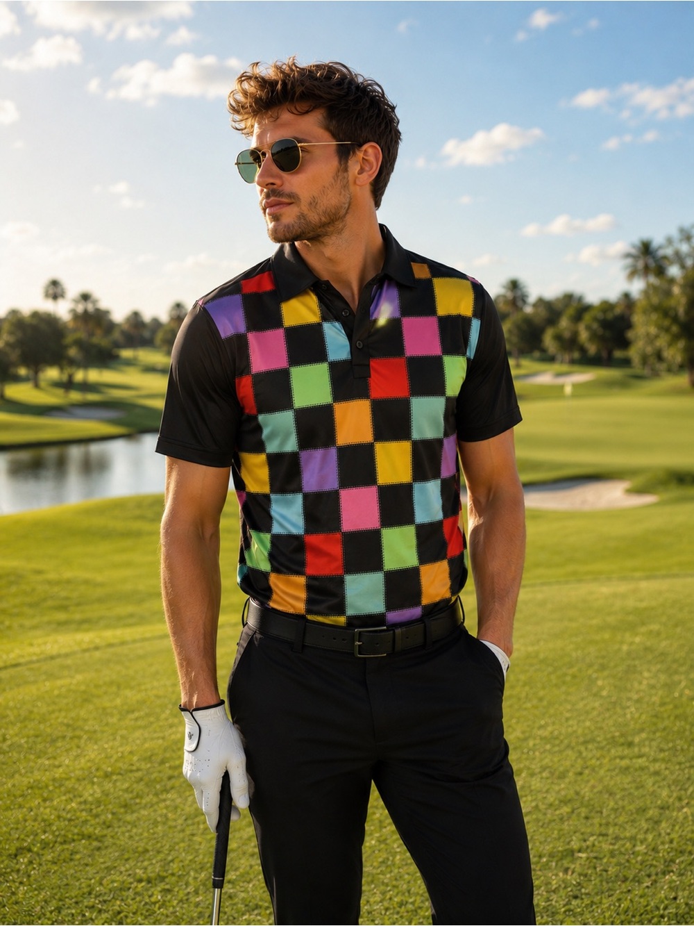 Loudmouth Men’s Multicolor Checkerboard Golf Polo. size Large